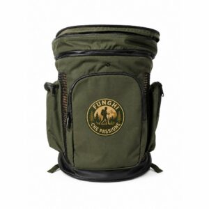 Gerla per funghi 12 kg verde militare Funghi che Passione con logo cercatore, tasche laterali in rete e fondo rinforzato