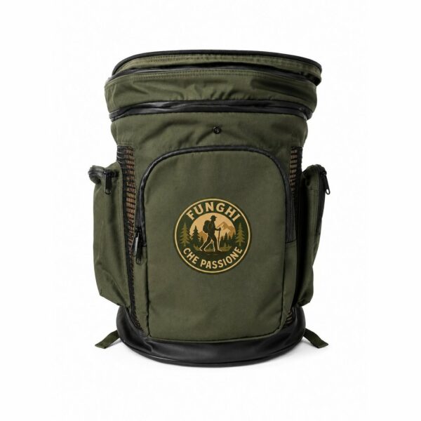 Gerla per funghi 6 kg verde militare Funghi che Passione con logo cercatore, modello compatto con tasche laterali in rete e fondo rinforzato
